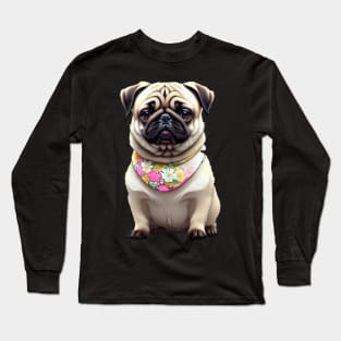 Charming Pug Puppy in Floral Bib Long Sleeve T-Shirt